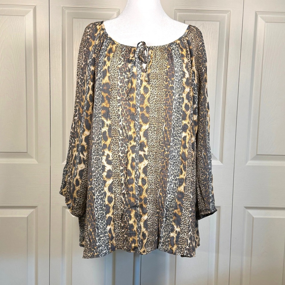 Fred David Women 3X Animal Print Peasant Blouse Leopard Keyhole Tie Top